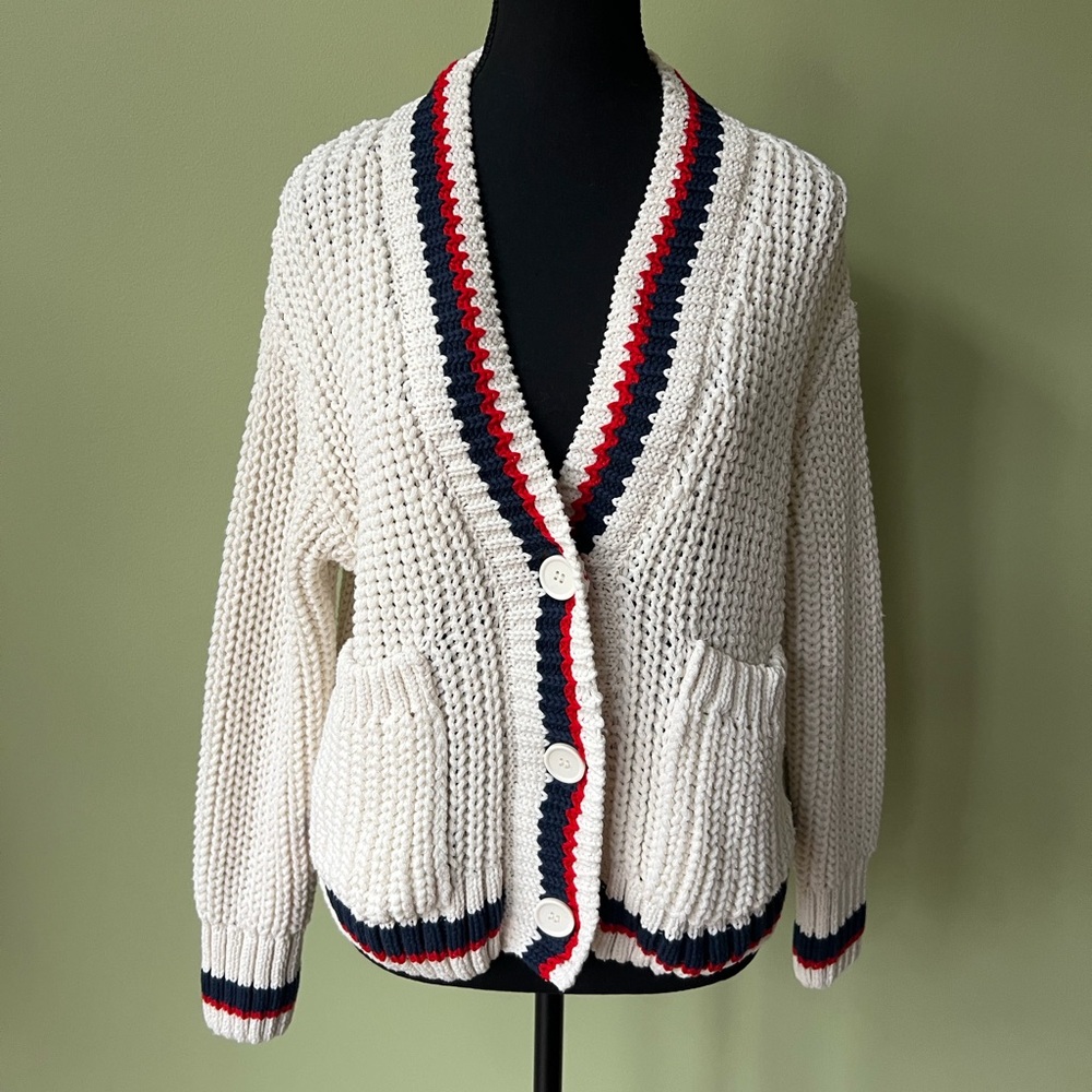🔥 FINAL SALE $35 Zara Varsity Collegiate Chunky Loop Knit Cream Cardigan Sweater - Picture 3 of 15
